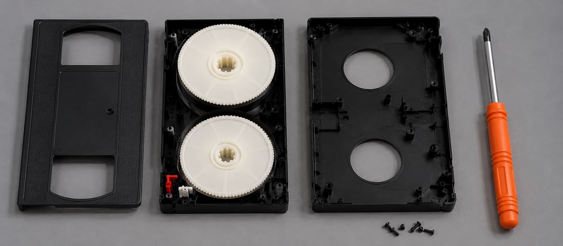 A VHS cassette taken apart for repair